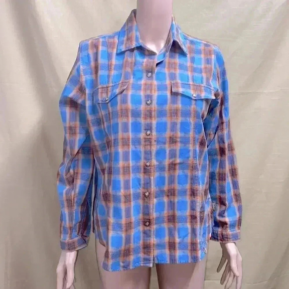 Woolrich women's petite Small Blue and Orange Button Up long sleeve Flannel - Picture 1 of 11